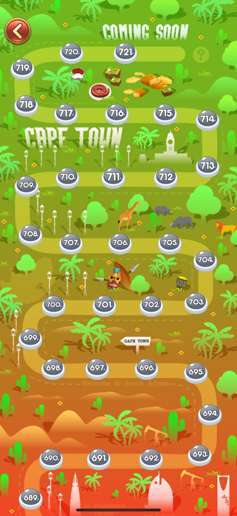 Word Connect: Word Link Quest - Word Connectのレベル進行マップ。ケープタウンのランドマークとアフリカの野生動物がいる南アフリカをテーマにした風景を通してレベルが表示されます。