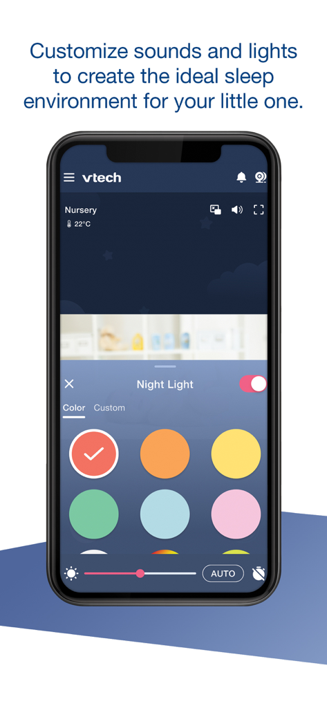 Interfaz de la aplicación MyVTech Baby Plus para personalizar el color y el brillo de la luz nocturna de la guardería