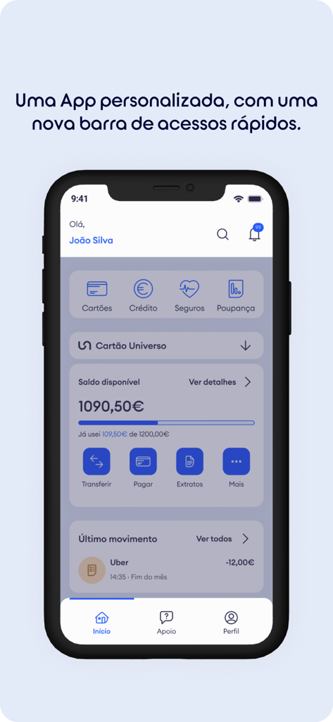 Universo Mobile Banking dashboard showing account balance and quick access menu for credit and insurance