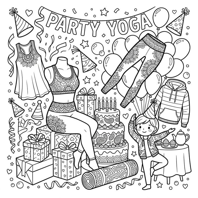 Get ready to color a lively celebration with our Yoga Activewear Birthday Party page! This festive design combines detailed yoga gear with joyful birthday elements, perfect for creative relaxation.