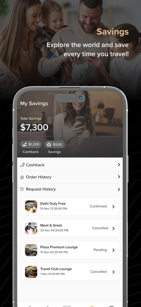 Travel VIP - A screenshot of the Travel VIP mobile app showing the My Savings dashboard with total savings and travel service history