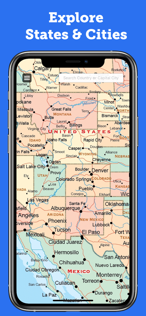 World Map Pro Edition - Un mapa político de alta resolución de Estados Unidos y México mostrando fronteras estatales y nombres de ciudades