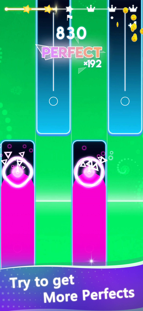 Magic Beat Piano - EDM Tiles - Gameplay screen of Magic Beat Piano showing pink tiles and a perfect hit score on a neon background