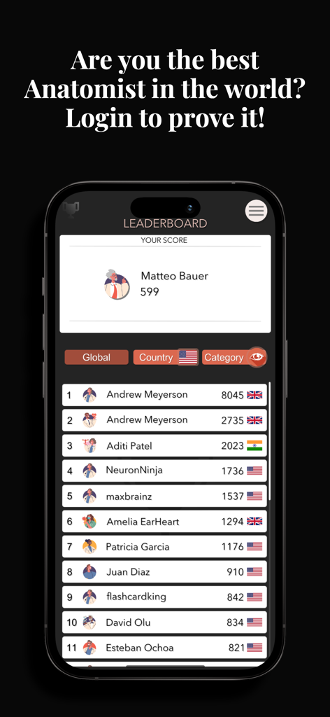Anatomist – The Anatomy Game - Global leaderboard in the Anatomist app showing rankings and scores of medical students from different countries.