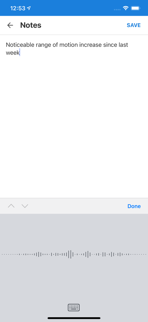 Caregiver note entry screen in AxisCare Mobile app showing a patient observation with voice dictation active.