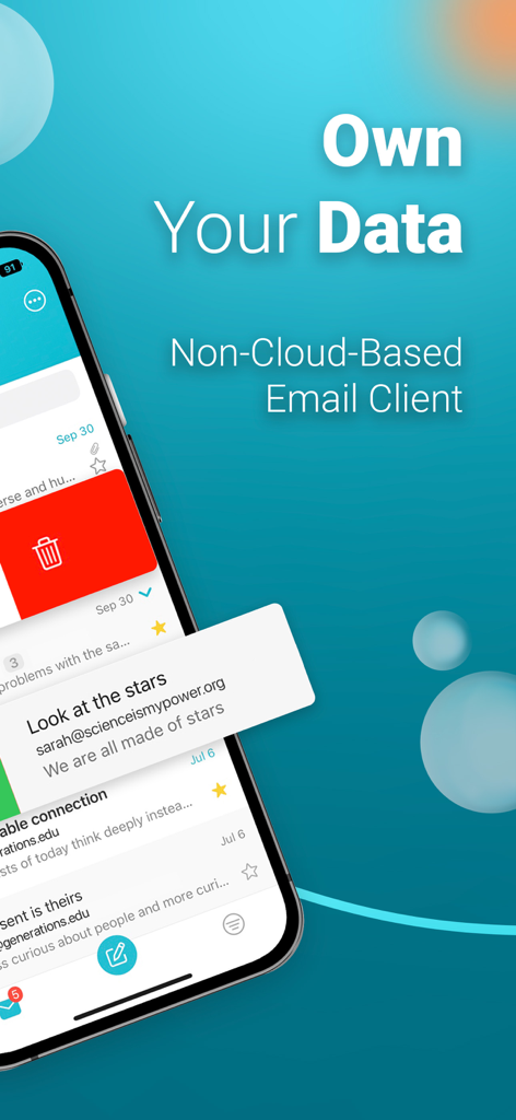 Interfaz de Aqua Mail destacando sus funciones de cliente de correo electrónico seguro sin nube y privacidad de datos.