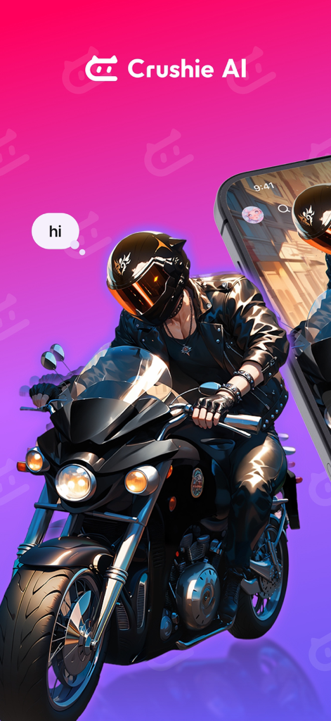 Crushie AI app screen featuring a male AI character in a leather jacket riding a motorcycle with a chat bubble.