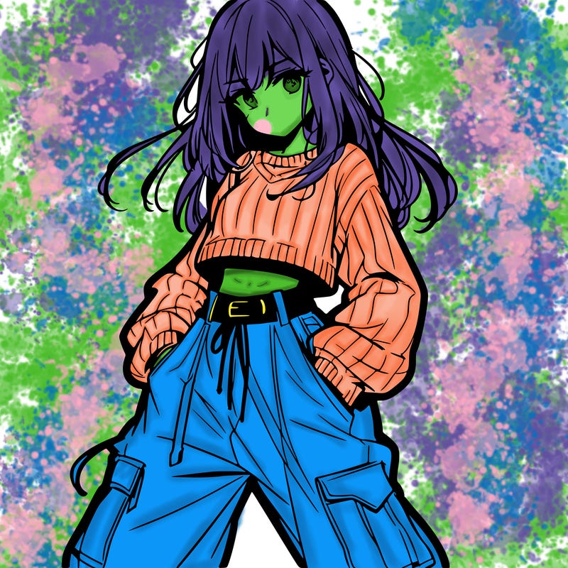 anime teen girl with baggy pants and crop top with sweater