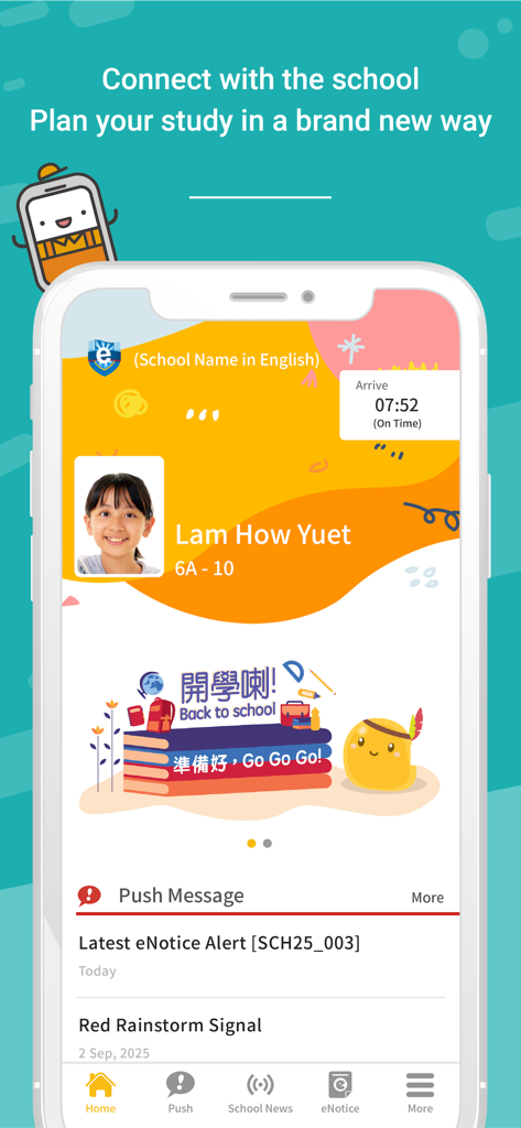 Interface do eClass Student App mostrando o perfil do aluno, hora de chegada e mensagens push da escola