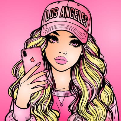 realistic beautiful girl wearing los ángeles cap holding an iphone