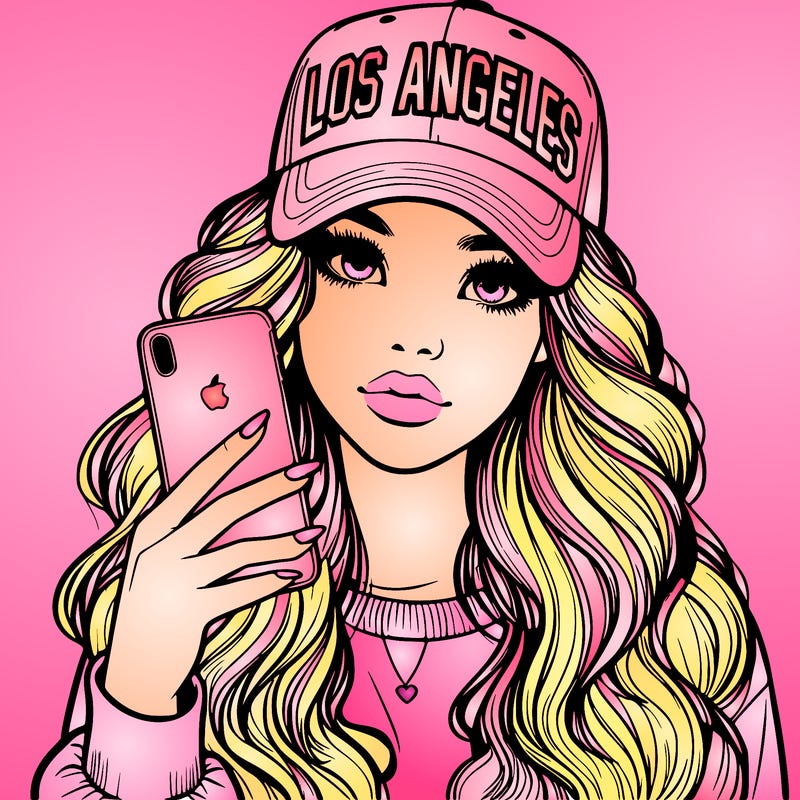 realistic beautiful girl wearing los ángeles cap holding an iphone
