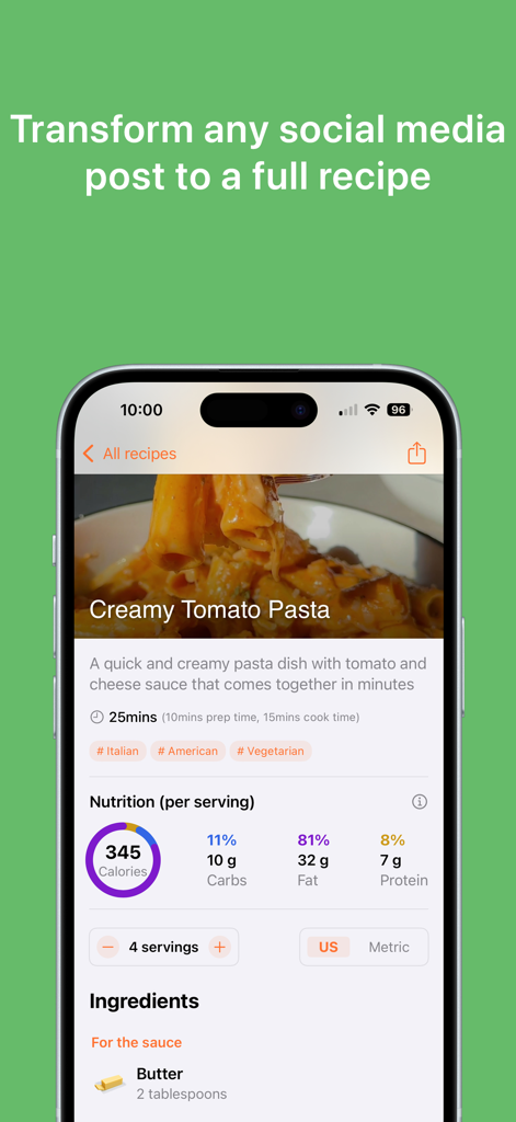 Cookmarks: Recipe Manager - Screenshot of Cookmarks app interface showing a creamy tomato pasta recipe with nutrition facts and ingredients.