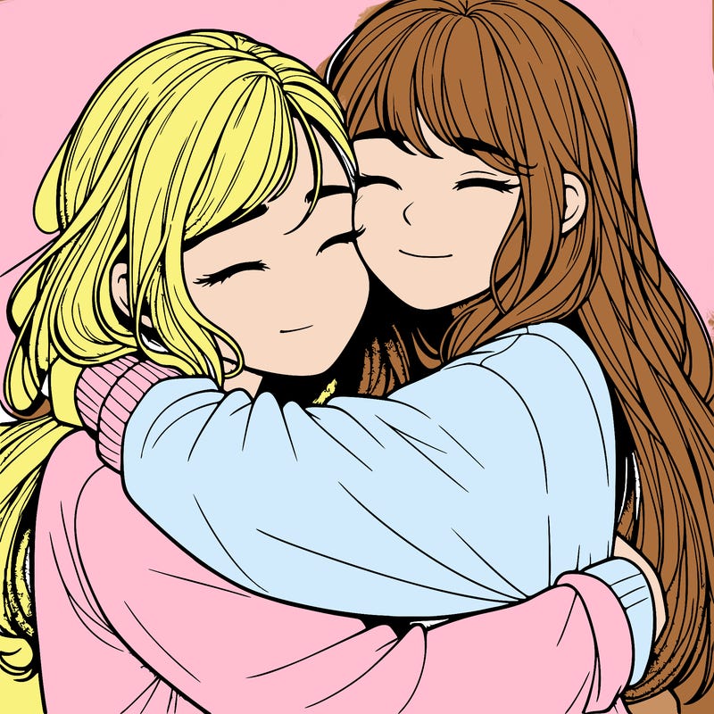 realistic two girls hugging