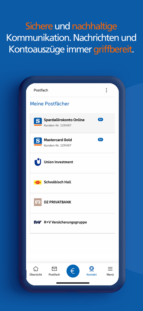 SpardaBanking App - Interface of the SpardaBanking app showing a secure digital postbox for managing messages and bank statements from multiple financial accounts.