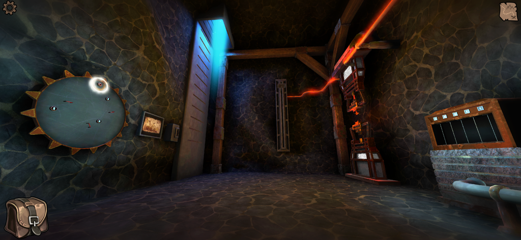 Legacy 2 - The Ancient Curse - Interior view of a 3D puzzle room in Legacy 2 The Ancient Curse featuring a mechanical dial and glowing energy beams.