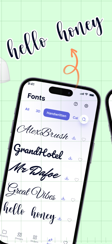Cutting Studio - Cutting Studio app screen displaying a list of decorative handwritten fonts for DIY projects.