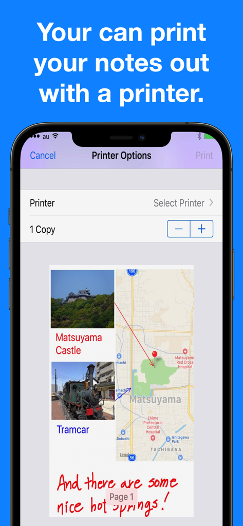 Pocket Note Pro app interface displaying printer options and a note preview with photos and maps