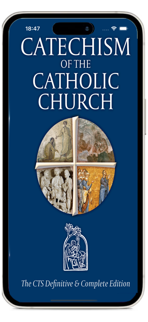 Catechism of the Catholic - Home screen of the Catechism of the Catholic Church mobile app featuring the CTS Definitive Edition title and religious artwork