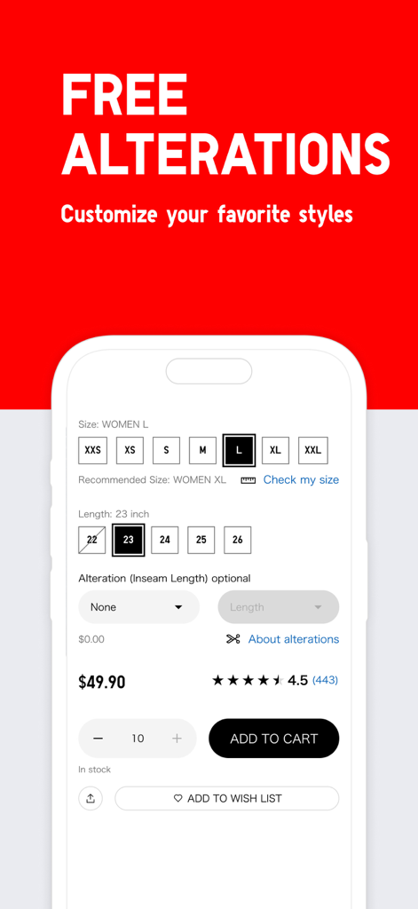 UNIQLO mobile app interface showing options for free alterations and custom clothing sizing