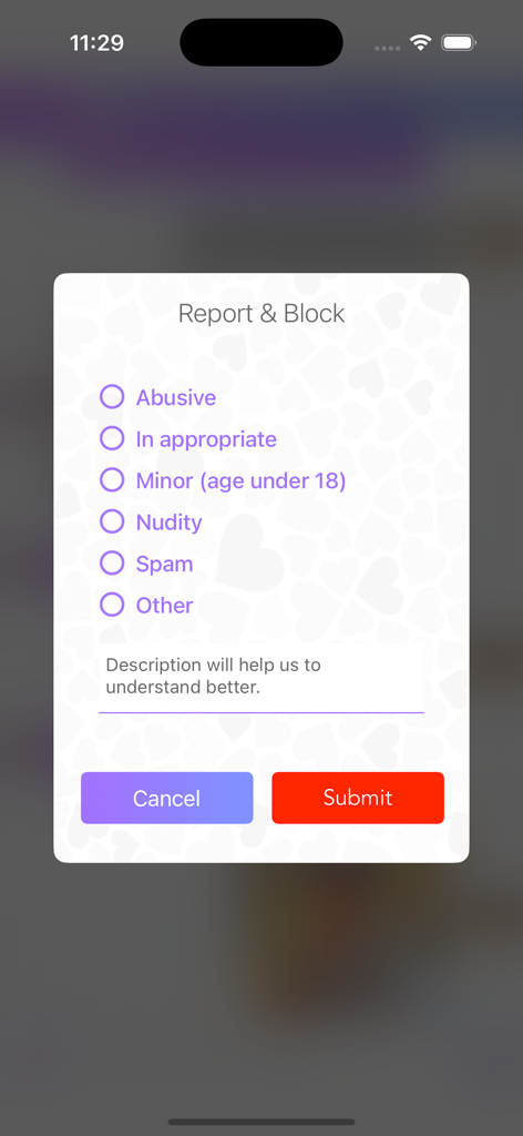 Ventana emergente de reporte y bloqueo en la aplicación Hi5 Match que muestra opciones de reporte de seguridad