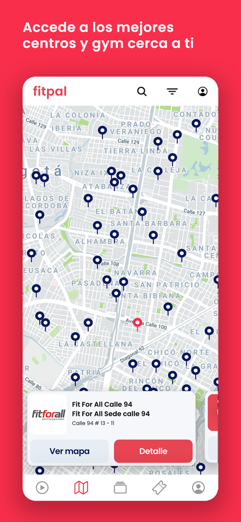 Fitpal. - Interfaz de la aplicación móvil Fitpal que muestra un mapa de la ciudad con múltiples pines de ubicación para gimnasios y centros de fitness cercanos