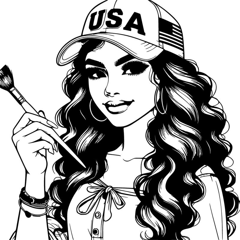 realistic beautiful girl wearing a usa hat holding a paint brush