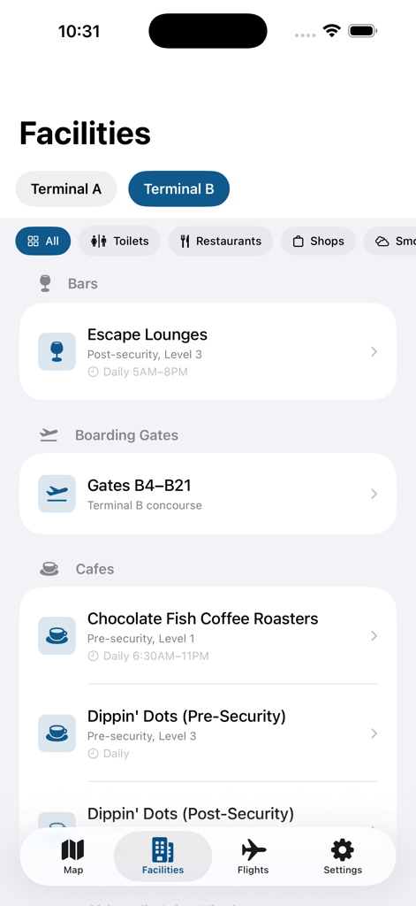 Sacramento Intl SMF Airport - Facilities directory for Terminal B in the Sacramento International Airport SMF app