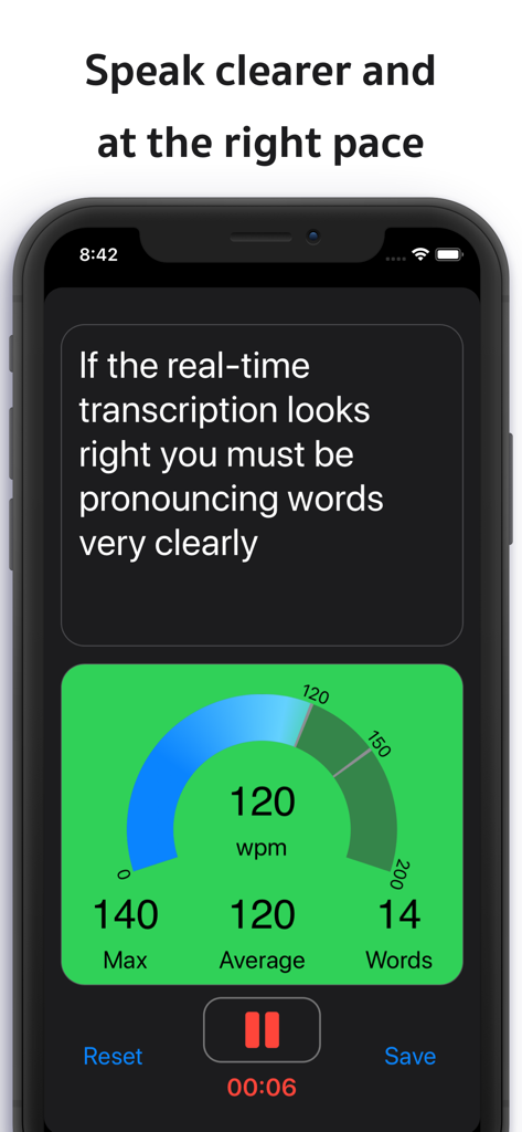 Live Transcribe: Transcrybr - Live transcription app interface showing real-time text and a pace meter tracking words per minute.