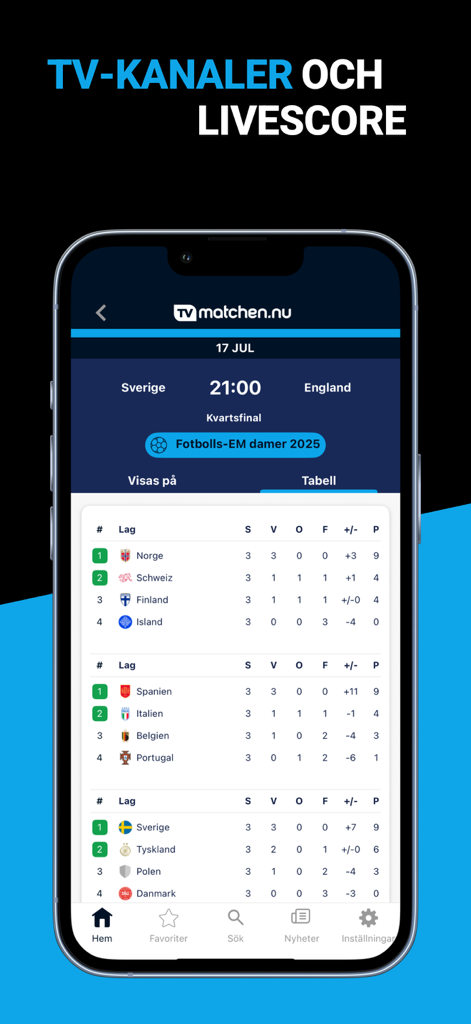 TVmatchen.nu - Sport på TV - Smartphone screen showing sports TV guide with live scores and group standings