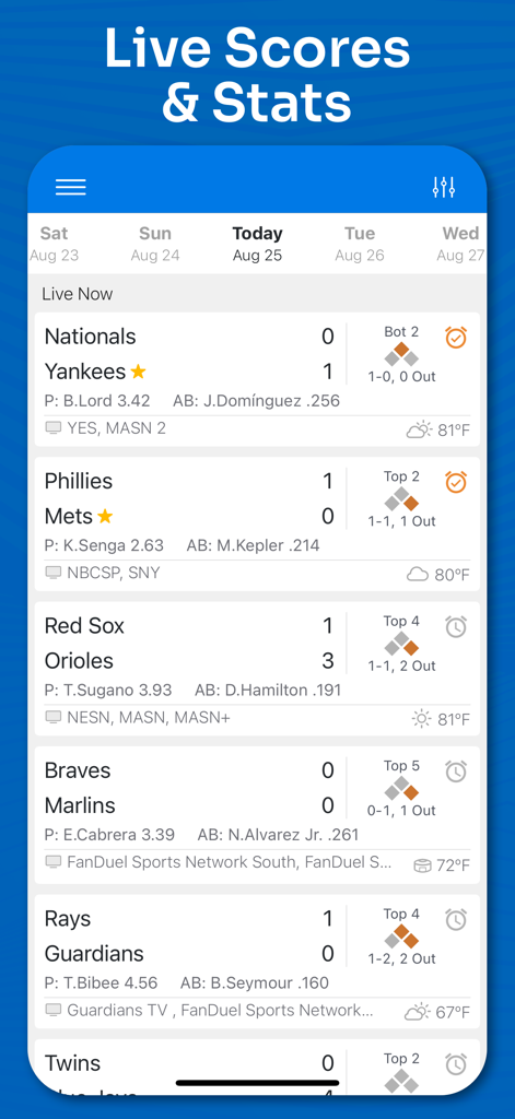 Superfan Sports MLB Baseball App zeigt Live-Ergebnisse und Spielstatistiken für aktuelle Baseball-Spiele an.