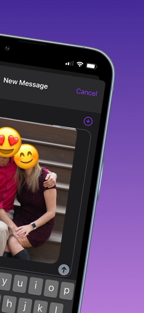 An iPhone screen showing a photo in a new message with faces covered by emojis