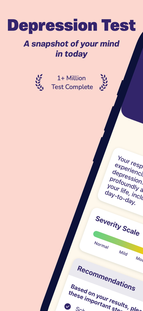 Depression Test App - 정상에서 경미까지의 심각도 척도와 권장 사항 섹션을 보여주는 우울증 검사 앱 인터페이스.