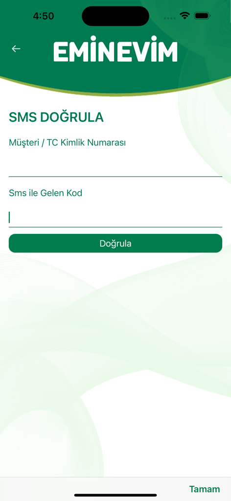 Eminevim Görüntülü Sözleşme - 원격 계약 서명을 위한 에미네빔 앱 SMS 인증 화면.