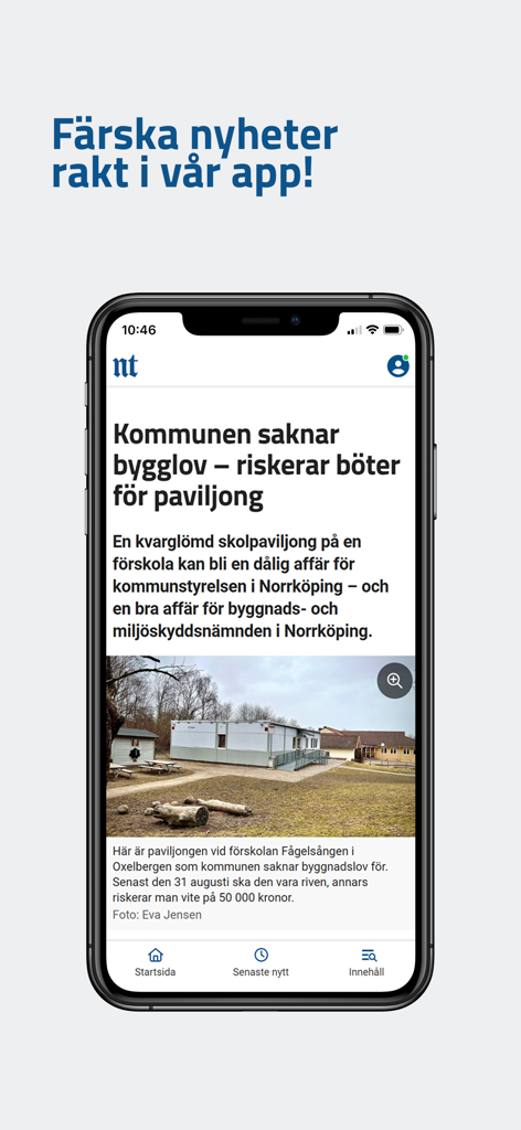 NT - Norrkoping Tidningar mobile app displaying a local Swedish news headline