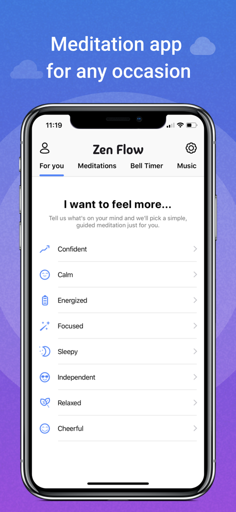 Zen Flow - Meditate Now - Interface of Zen Flow app showing a list of moods like calm and focused for personalized meditation sessions.