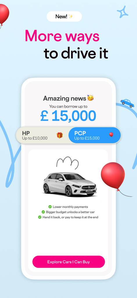 A screenshot of the Carmoola app showing a comparison between HP and PCP car finance options with a borrowing limit of up to 15000 pounds