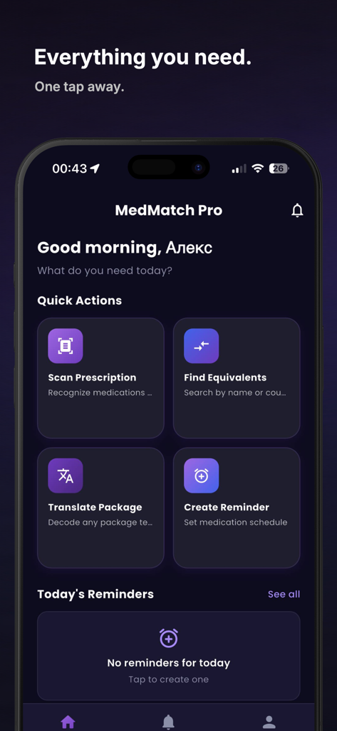 MedMatch Pro - Home screen of MedMatch Pro app featuring medical quick actions and medication reminders