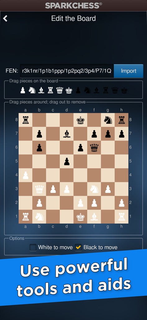 SparkChess Pro - SparkChess Pro mobile app interface showing the board editor feature with chess pieces and FEN import options