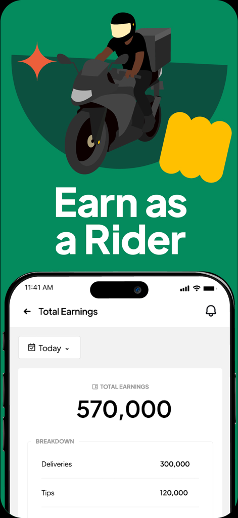 Chowdeck Rider - Pantalla de la aplicación móvil que muestra la interfaz de Chowdeck Rider con las ganancias totales y una ilustración de un mensajero en una motocicleta