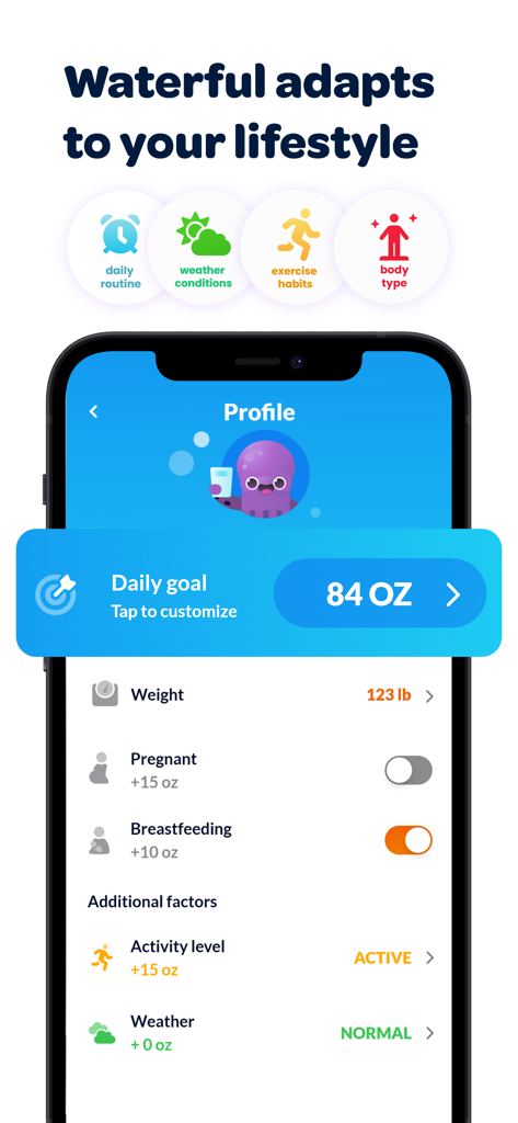 Waterful® Drink water tracker - The profile screen of the Waterful app showing daily water goal customization options for weight pregnancy breastfeeding activity level and weather