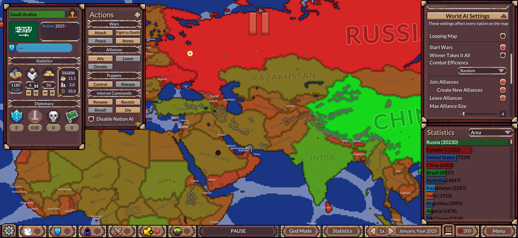 Ages of Conflict World War Sim - Uno screenshot di gioco di una simulazione di mappa geopolitica mondiale che mostra varie nazioni colorate e menu di gestione strategica