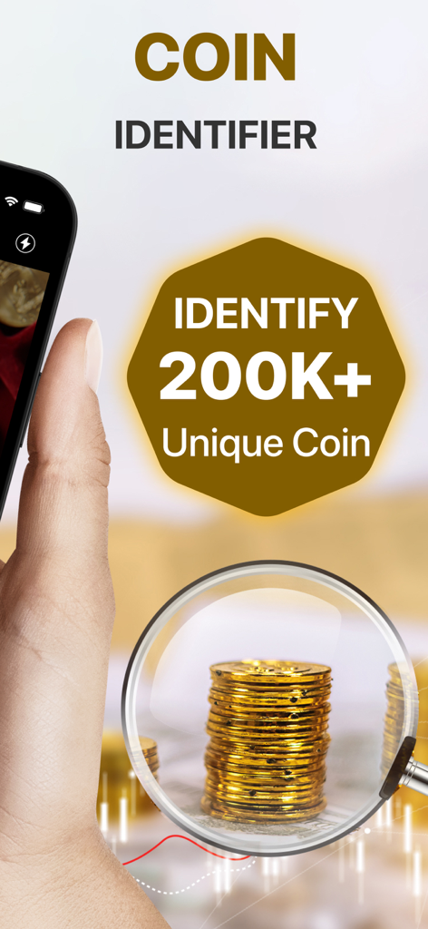 Snap: Coin Identifier - Interface d'application mobile montrant la fonction de reconnaissance IA pour plus de 200 000 pièces uniques avec une main tenant un téléphone pour scanner des pièces d'or.