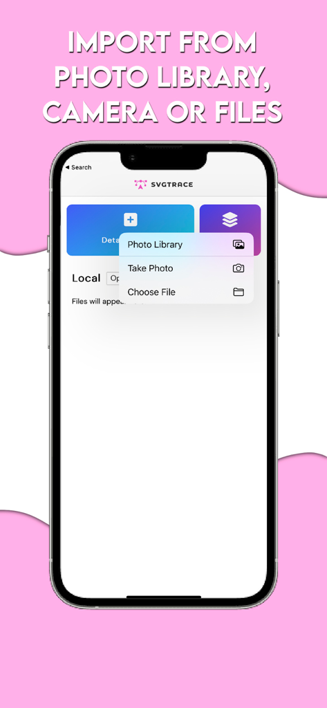 SvgTrace Classic app interface showing options to import images from photo library camera or files