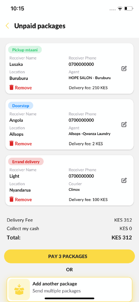Pickup Mtaani - Captura de pantalla de la aplicación Pickup Mtaani que muestra una lista de paquetes no pagados con diferentes opciones de entrega y costos totales en KES