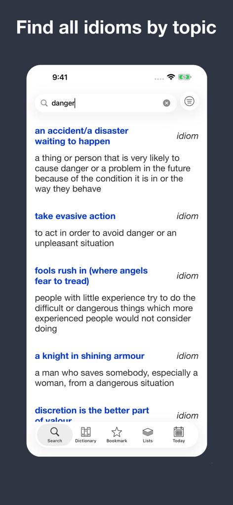 English Meaning Dictionary - Interface of the English Meaning Dictionary app showing a list of idioms related to the topic of danger.