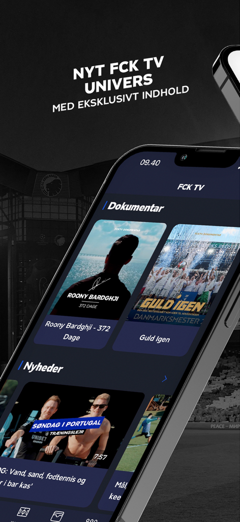 FCK TV section in the F.C. Copenhagen app featuring exclusive documentaries and news videos