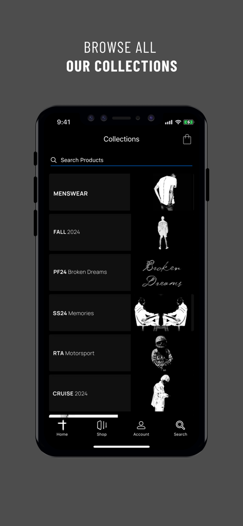 RTA BRAND - RTA BRAND app screen displaying fashion collections like Menswear and Fall 2024 in a minimalist dark mode interface.
