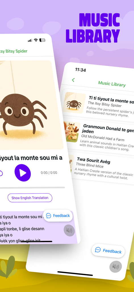 Learn Creole with Jorge - Écran de la bibliothèque musicale de l'application 'Apprendre le Créole avec Jorge' présentant des comptines.