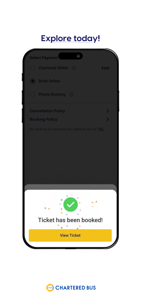 Chartered Bus - Successful ticket booking confirmation message on the Chartered Bus mobile app