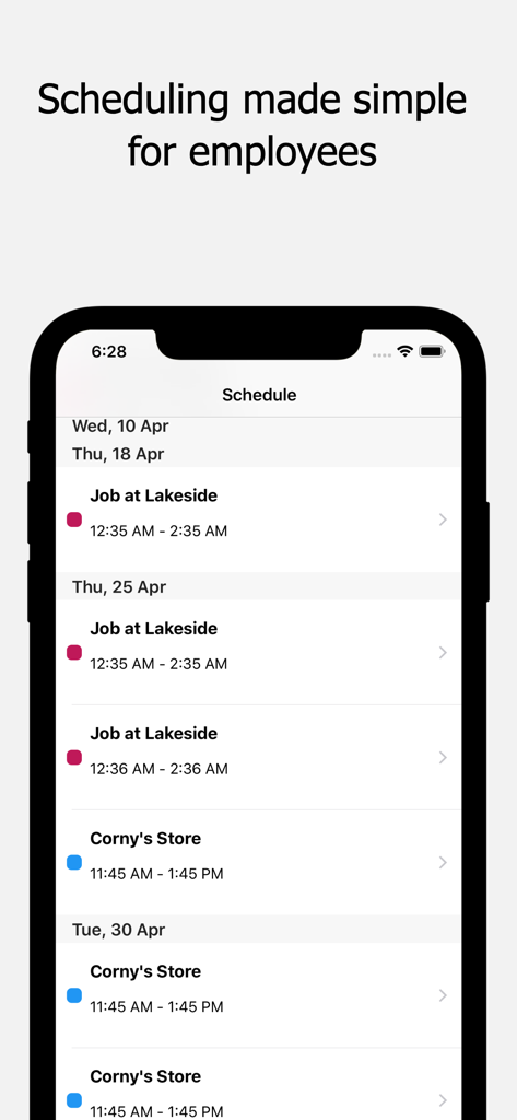 Timeero mobile app interface showing a simple job schedule for employees